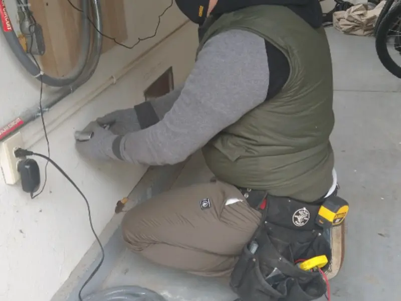 Electrician performing outlet wiring in a Warwick garage